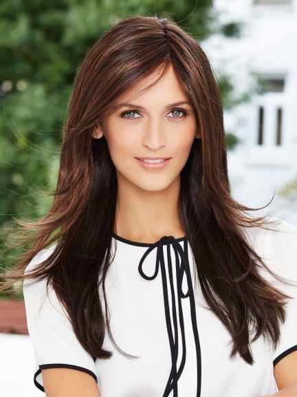 Découvrez Power Mono Lace Deluxe — perruque longue dégradée avec frange et tulle front transparent