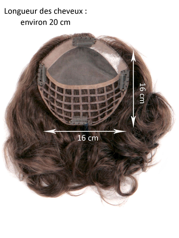 Volumateur Nancy 16x16 cm en cheveux naturels Remy Hair : ondulation légère, monofilament, PU antidérapant et pinces pour un vol