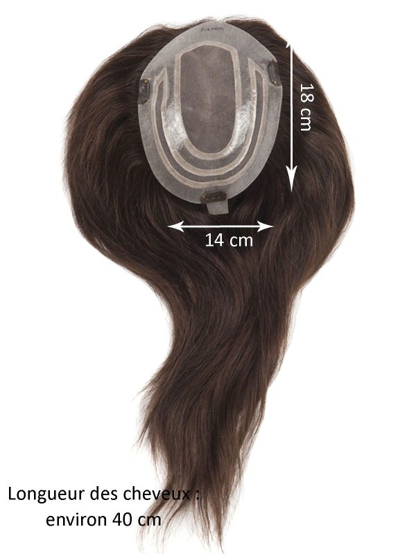 Volumateur Top Filler Delia Mono en cheveux naturels 40 cm à clips, base 14x18 cm pour un volume discret et une tenue fiable.