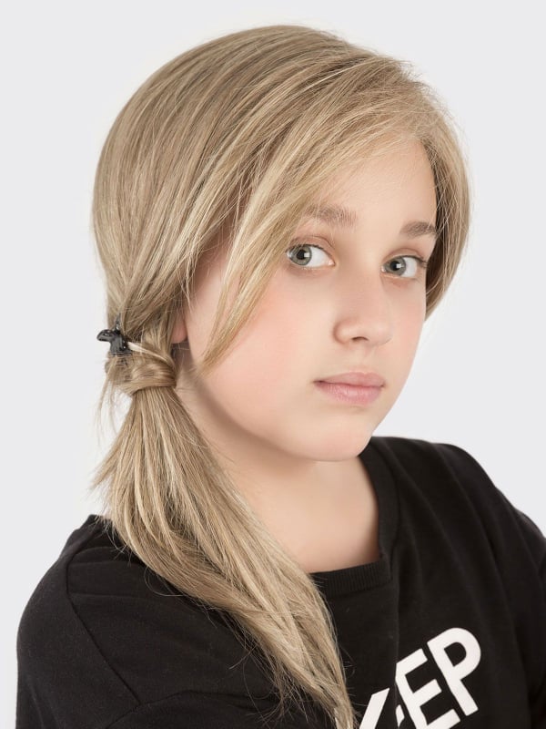 Perruque Sara Power Kids longue : tulle invisible soyeux, taille réglable 52-54 cm, look naturel (lightblonde/lightbrown).