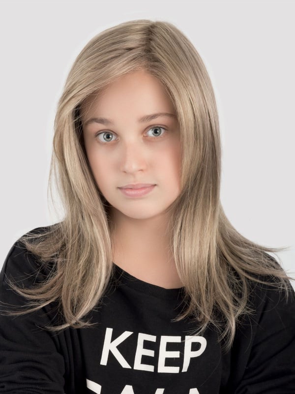 Perruque Sara Power Kids longue : tulle invisible soyeux, taille réglable 52-54 cm, look naturel (lightblonde/lightbrown).
