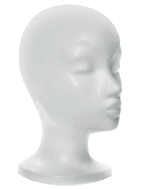Tête en polystyrène : support porte-perruque pour entretien, séchage et rangement des perruques en cheveux naturels.