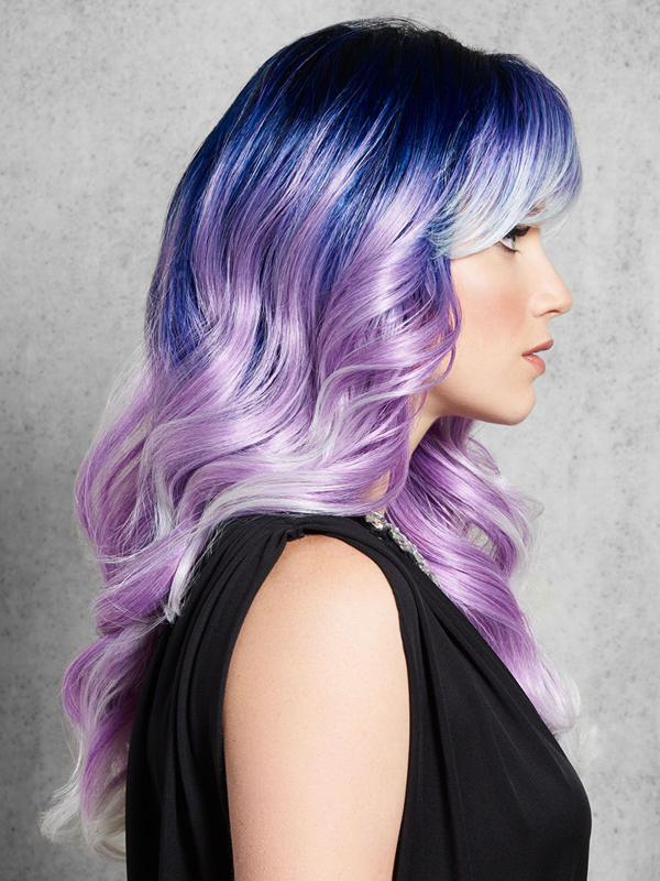 Perruque Artic Metall longue ondulée, reflets métalliques bleu, violet et gris — Gisela Mayer