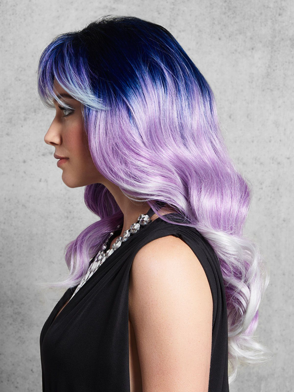 Perruque Artic Metall longue ondulée, reflets métalliques bleu, violet et gris — Gisela Mayer