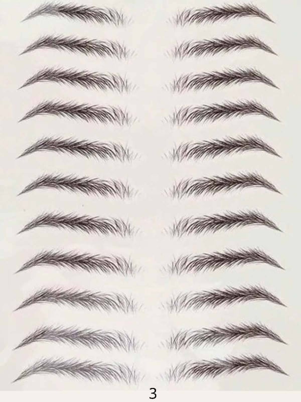 Tatouages sourcils bruns auto-collants effet poudré : rendu naturel, waterproof, application rapide et retrait facile.