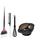 Kit de coloration cheveux 4 pièces : bol, fouet agitateur, peigne à queue et pinceau pour une application uniforme à la maison.