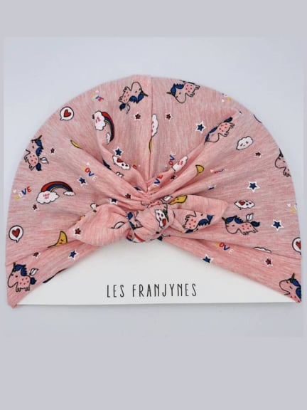 Node Rose Licorne — bonnet enfant motif licornes, coton jersey, doublure thermorégulatrice