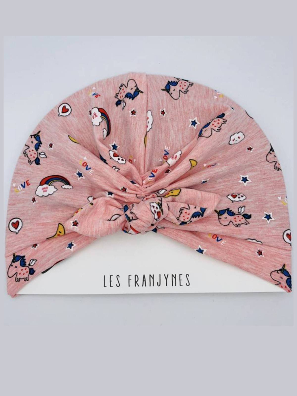 Node Rose Licorne — bonnet enfant motif licornes, coton jersey, doublure thermorégulatrice
