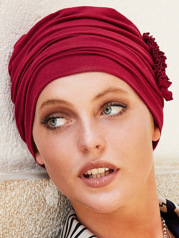 Turban Loreen Gisela Mayer en bambou/viscose, détail floral sur le côté – bonnet doux pour chimiothérapie et alopécie