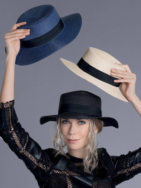 Chapeau canotier femme Venice en paille aérée, ruban noir, couleurs nature, noir ou bleu marine – protection solaire légère.