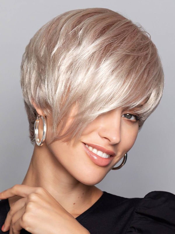 Perruque Clic: coupe courte asymétrique avec mèche longue et bordure frontale - rendu naturel