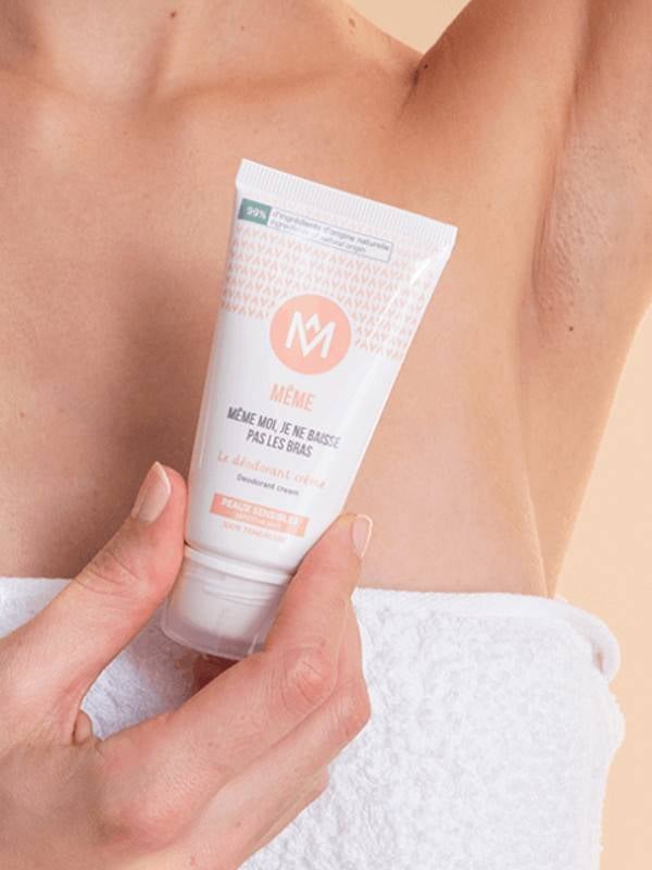 Déodorant Crème MÊME 50ml : prébiotiques, zinc et poudre minérale pour peaux sensibles, anti-odeurs 8–12h.