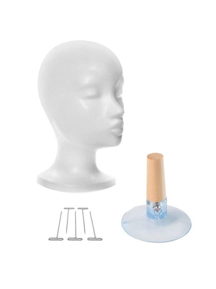 Tête en polystyrène avec aiguilles et ventouse pour coiffer et fixer perruques