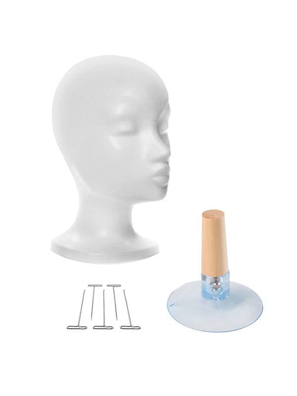 Kit coiffage perruque : tête en polystyrène avec ventouse antiglisse et aiguilles pour un maintien stable et un coiffage confort