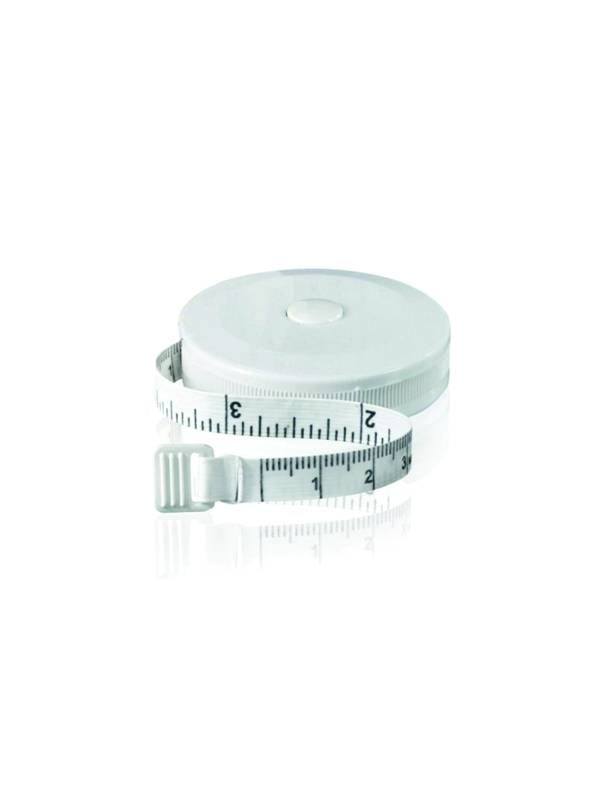 Mètre ruban 1,5 m pour tour de tête, double graduation cm/pouces, bouton de réenroulage automatique