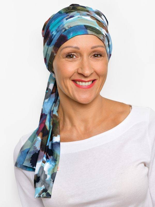 Turban Liz Rosette La Vedette en viscose, foulard fixé sur bonnet : tenue anti-glisse, nouages multiples, doux pour cuir chevelu