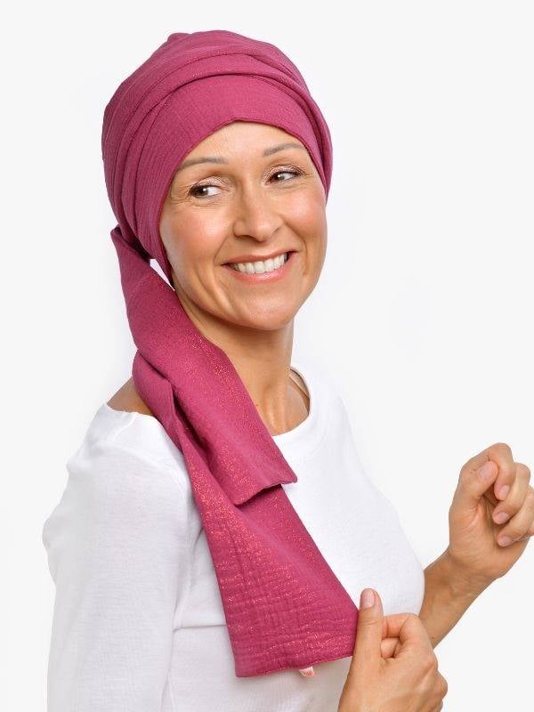 Turban chimio Hannah Rosette La Vedette en gaze de coton aérée, base préformée, confortable et facile à nouer