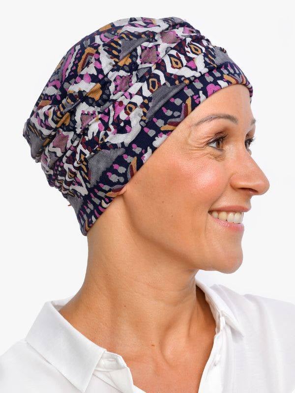 Bonnet chimio Marlene Printed Rosette La Vedette en viscose, sans couture, effet volume, doux pour cuir chevelu sensible