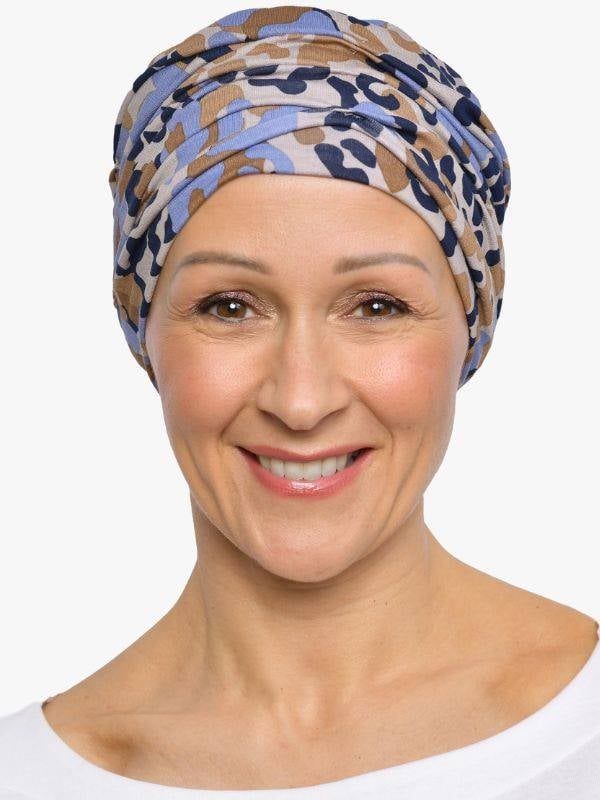 Bonnet chimio Marlene Printed Rosette La Vedette en viscose, sans couture, effet volume, doux pour cuir chevelu sensible