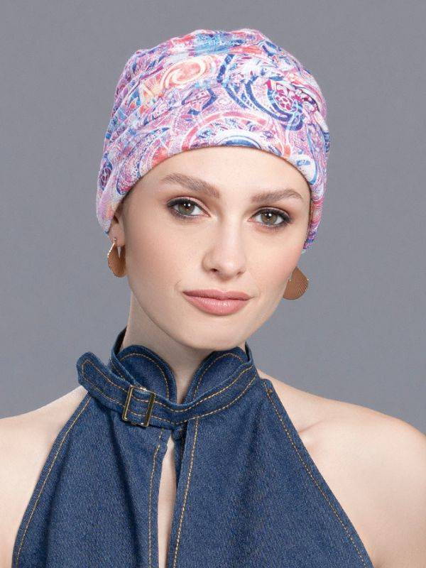 Turban chimio Meral Ellen Wille, bonnet facile à enfiler aux motifs féminins, idéal pendant chimiothérapie ou radiothérapie, ren