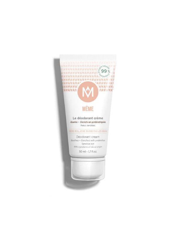 Déodorant Crème MÊME 50ml : prébiotiques, zinc et poudre minérale pour peaux sensibles, anti-odeurs 8–12h.
