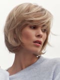 Perruque Ballade NJ Création : carré dégradé mi-long, frange effilée, volume naturel, tulle frontal discret, antiglisse