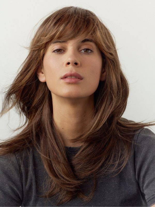 Perruque Nanou NJ Création : longs cheveux lisses avec frange sur le côté, bordure tulle discrète, maintien antiglisse confortab
