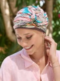 Turban Wagram NJ Création à motifs tropicaux, avec fleur modulable (côté ou devant), confortable en viscose/élasthanne