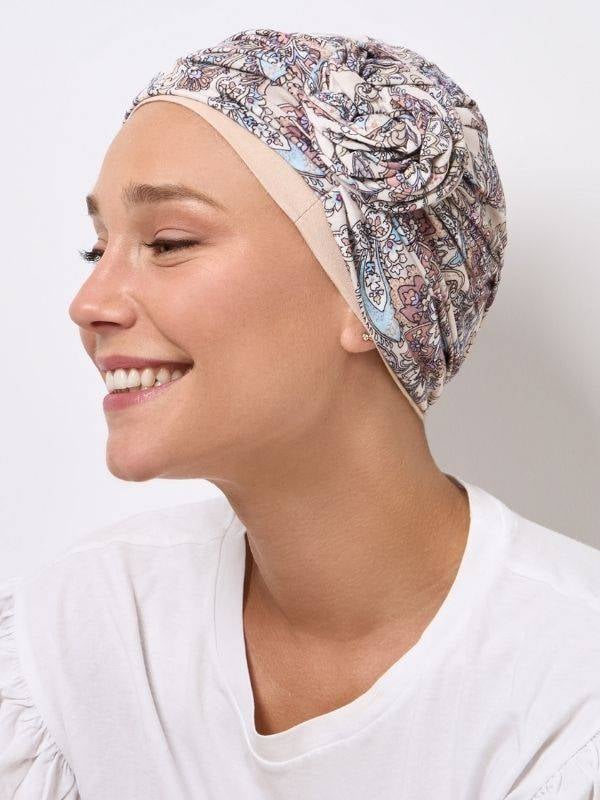 Turban Wagram NJ Création à motifs tropicaux, avec fleur modulable (côté ou devant), confortable en viscose/élasthanne