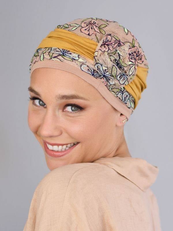 Turban Wagram NJ Création à motifs tropicaux, avec fleur modulable (côté ou devant), confortable en viscose/élasthanne
