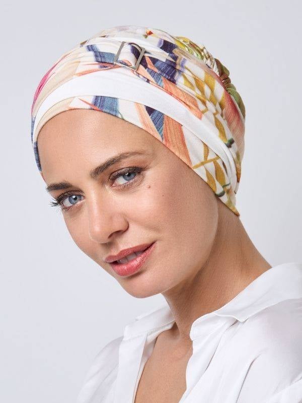 Turban Champs Elysées NJ Création avec boucle métallique modulable et motifs élégants – bonnet confortable pour un look chic.