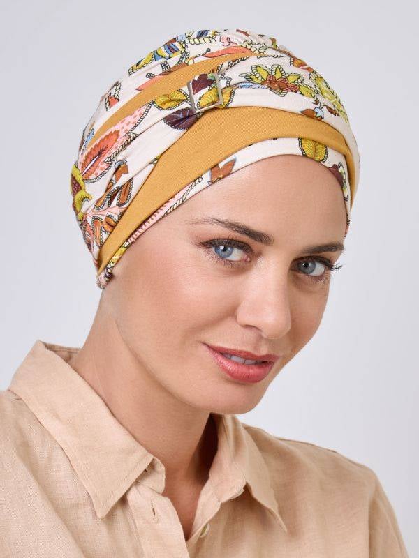 Turban Champs Elysées NJ Création avec boucle métallique modulable et motifs élégants – bonnet confortable pour un look chic.