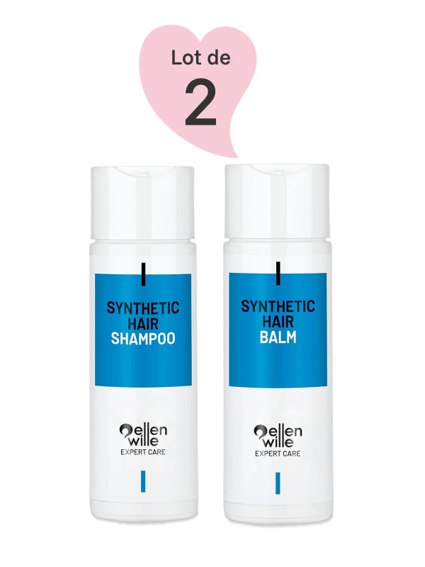 Pack Ellen Wille shampooing + baume pour perruques en cheveux synthétiques : nettoyage, démêlage et brillance.