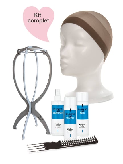 Kit entretien perruque synthétique : shampooing, baume, conditionneur, peigne et support
