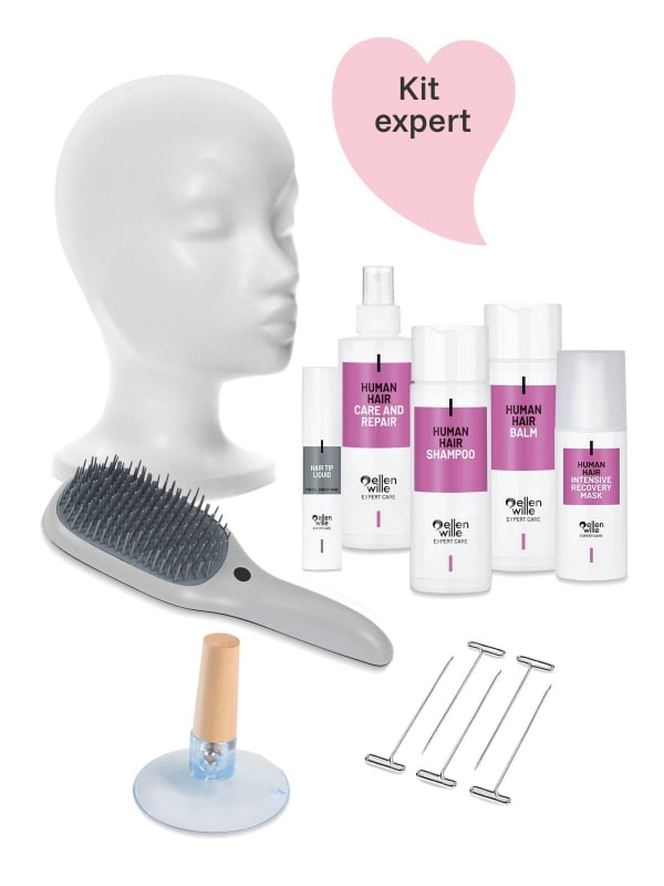 Kit expert pour perruque en cheveux naturels : soins complets, brosse et tête polystyrène avec ventouse pour un entretien facile