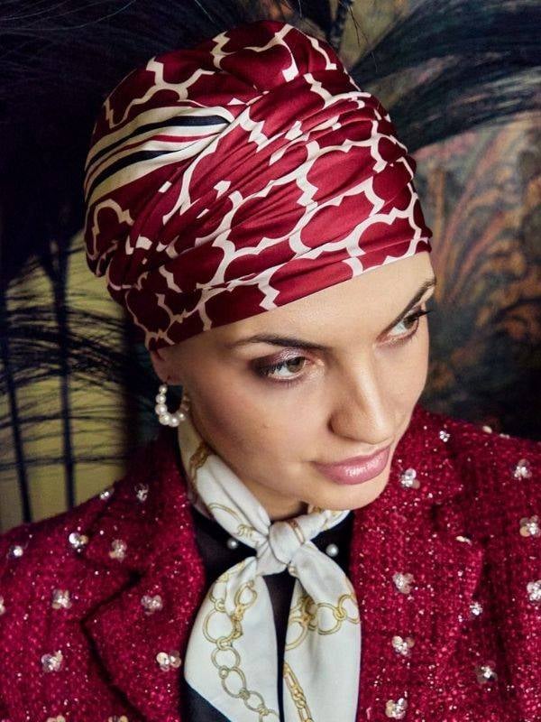 Bonnet turban Boho Christine Headwear : effet plissé, voile polyester et doublure bambou-viscose, léger et confortable.