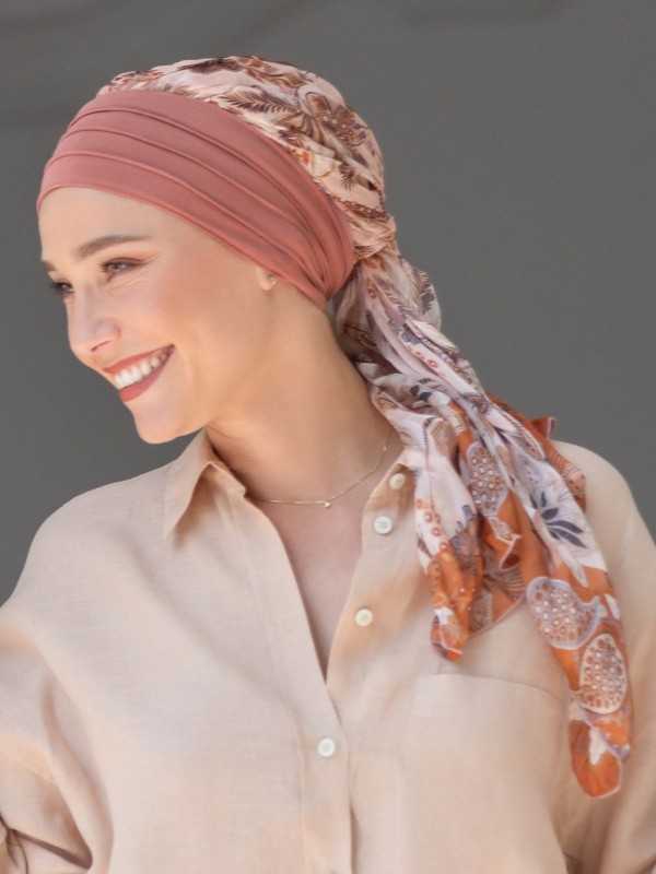 Turban chimio Notre Dame NJ Création avec voile à nouer : imprimés doux, léger et élégant, pour un maintien confortable au quoti