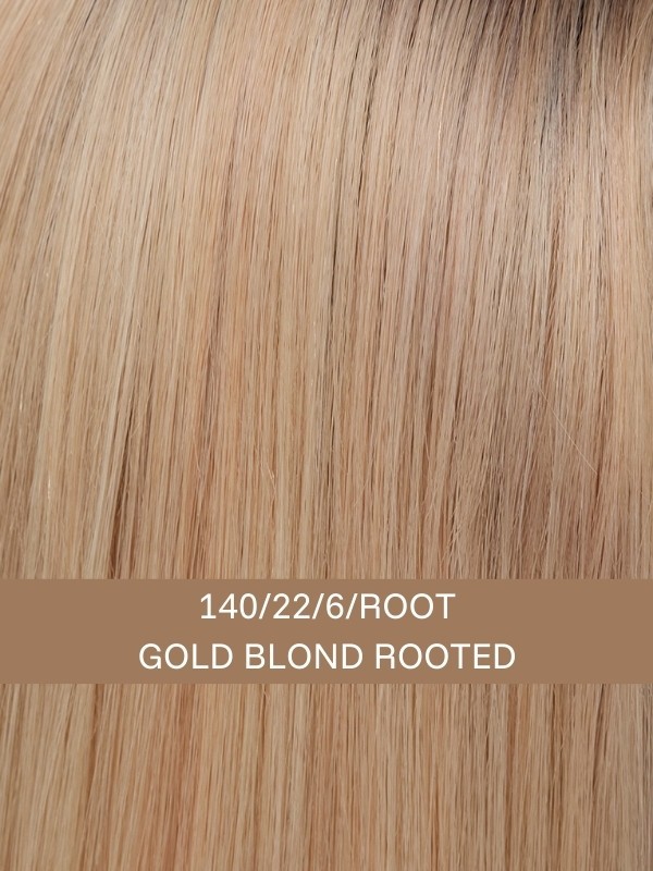 Luxery Lace E — perruque longue naturelle, frange effilée, bonnet 100% fait main - Couleur 140/22/6R Gold Blond Rooted