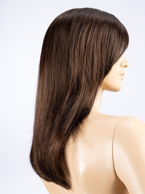 Perruque Carrie Perucci : longs cheveux lisses avec frange, effet naturel glamour et mouvement léger.