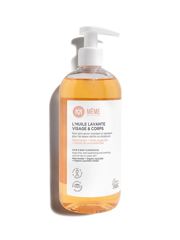 Huile lavante visage et corps MÊME 500ml, sans savon, 97% naturelle, hydrate et apaise les peaux fragilisées sous la douche.