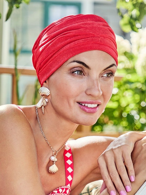 Bonnet turban Boho Christine Headwear : effet plissé, voile polyester et doublure bambou-viscose, léger et confortable.