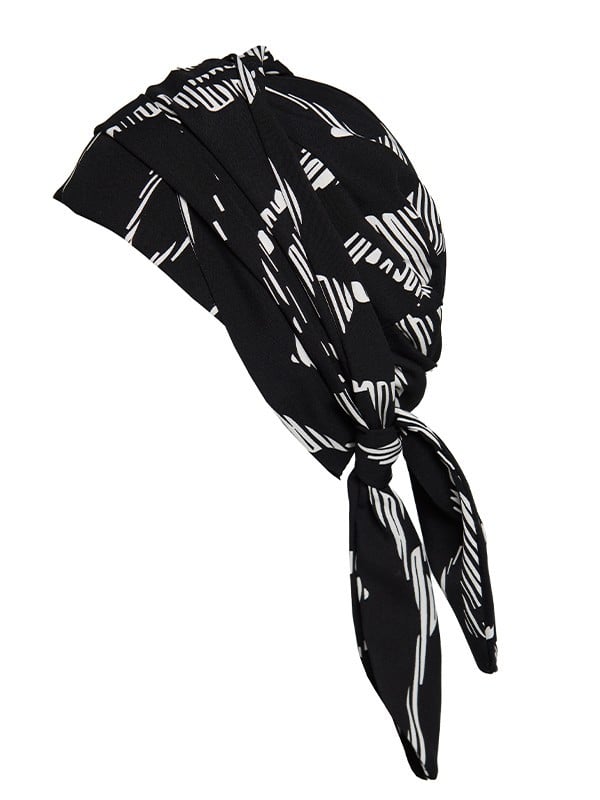 Turban Nola Long Gisela Mayer : pans mi-longs, viscose douce, motifs colorés, idéal en cas de chimiothérapie, alopécie ou pelade