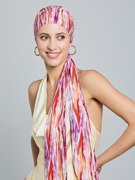 Nola Long — Turban en viscose, doux & motifs colorés, pans mi-longs