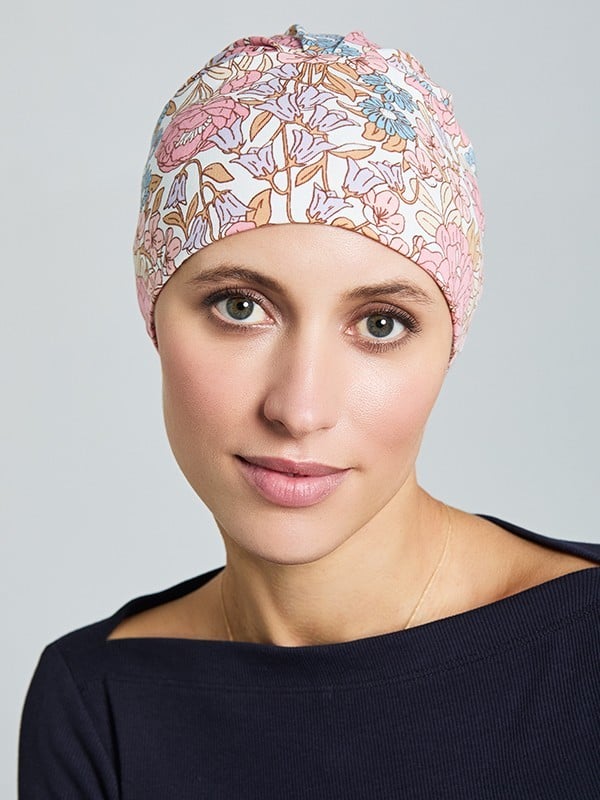 Bonnet de nuit Mia Gisela Mayer en coton, imprimé plumes : doux, respirant et anti-transpirant, idéal en cas d’alopécie ou chimi