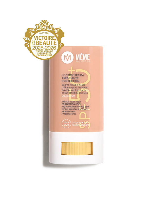 Stick SPF50+ Même, soin solaire haute protection à la texture baume invisible, résistant à l’eau pour le visage, le cou et le dé