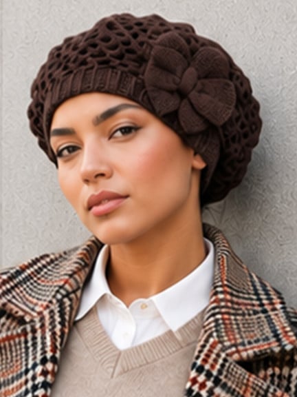 Bonnet Sofia MM Paris marron en acrylique avec fleur sur le côté, doux, chaud et confortable pour femme en hiver. Trouvez votre 