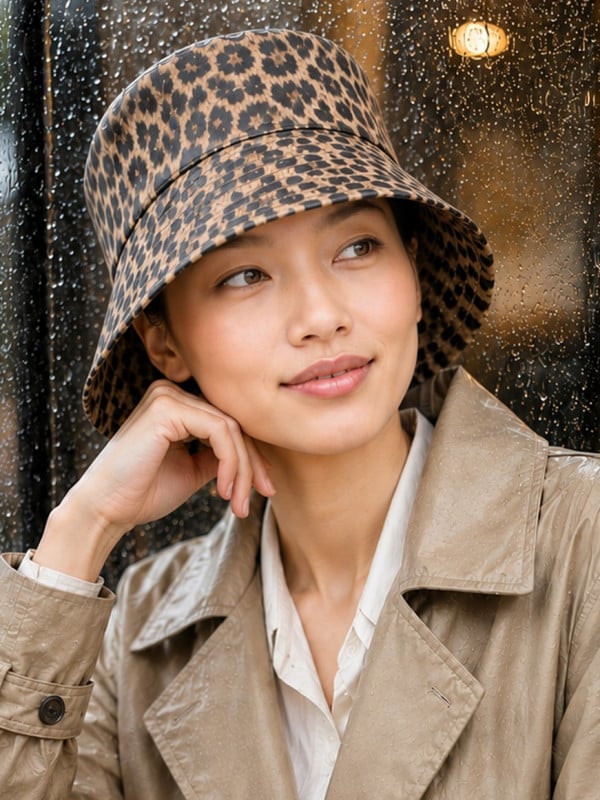Chapeau de pluie Gaby MM Paris panthère ou panthère des neiges, taille unique, élégant et confortable pour l’automne-hiver