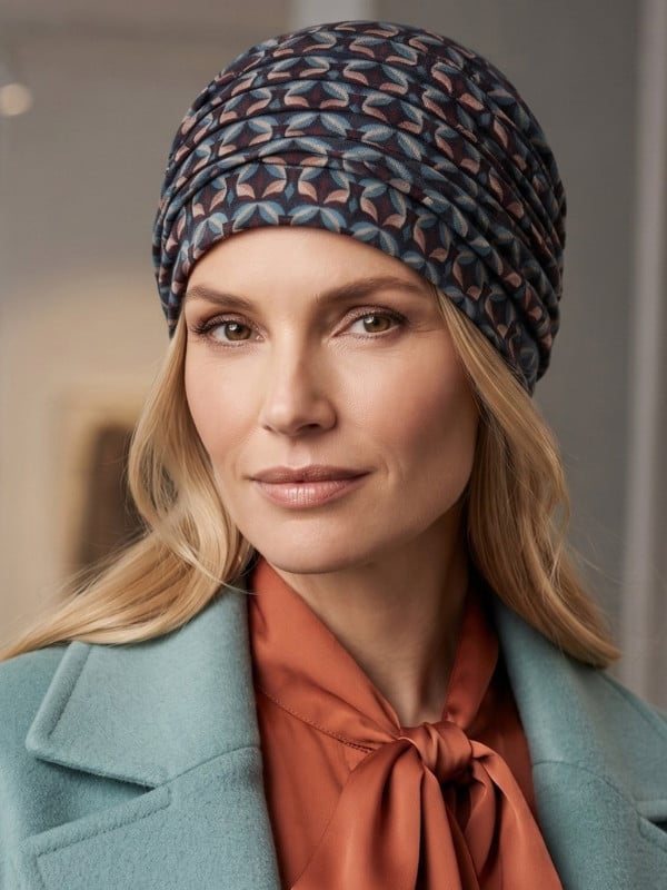 Turban Lora Volume Gisela Mayer imprimé rétro avec plis et effet volume, doublure douce en viscose de bambou