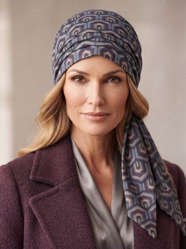 Turban Set Lena Volume Printed imprimé de Gisela Mayer en deux pièces avec volume, disponible en wine red et blue jeans