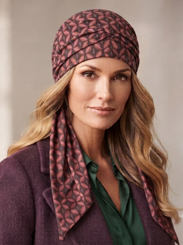 Turban Set Lena Volume Printed imprimé de Gisela Mayer en deux pièces avec volume, disponible en wine red et blue jeans
